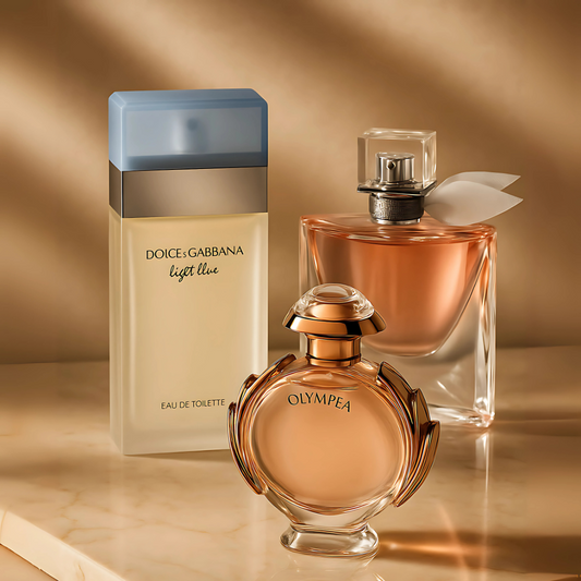COMBO DE PERFUMES VIDA BELLA,OLYMPEA,LIGHT  BLUE DAMA